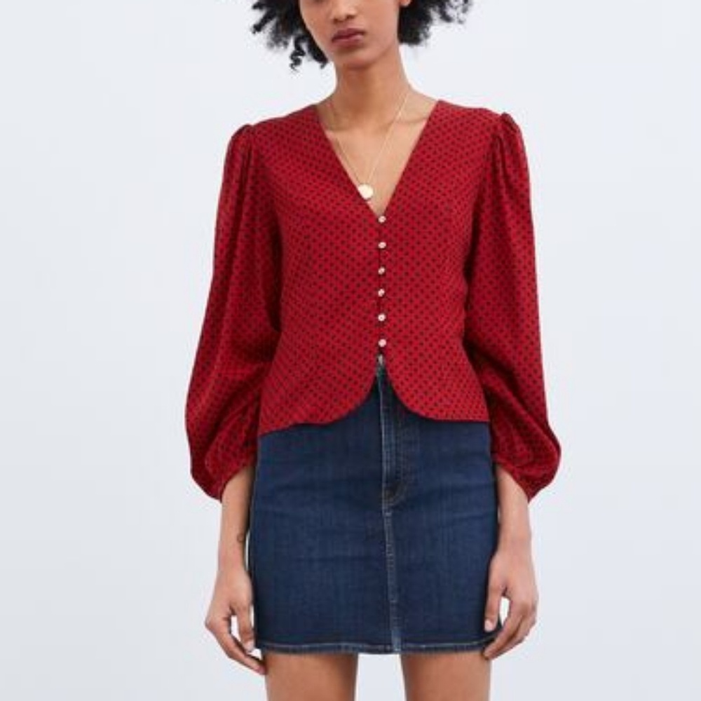Zara Red Polka Dot Shirt Blouse NWOT